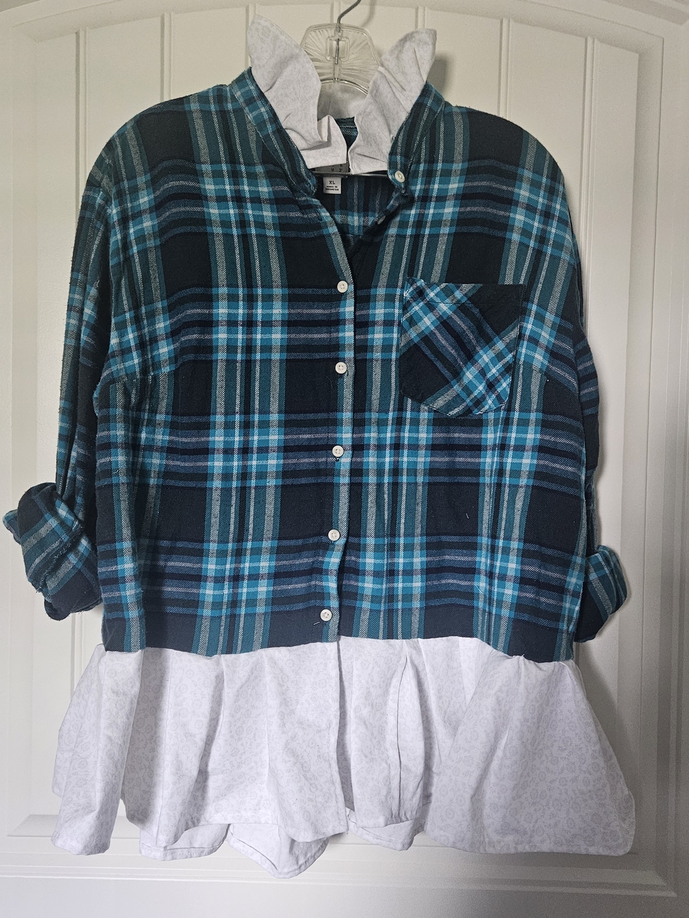 Upcycled Teal Plaid Layered Button-Up Shirt With Ruffle Collar